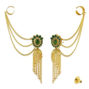 Traditional Gold Plated Emerald Studded Dangle Earrings with Ear Cuffs for Women