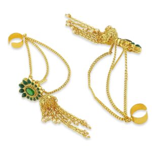Traditional Gold Plated Emerald Studded Dangle Earrings with Ear Cuffs for Women
