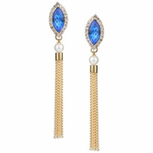 Gold Plated Blue Rhinestone Dangle Earrings with Chain Tassels