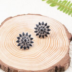 Black Oxidized Silver-Plated Studded Oversized Floral Studs