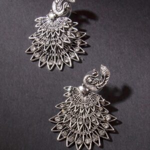 Silver-Plated & White Peacock Shaped Drop Earrings