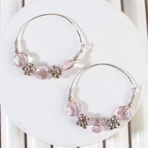 Silver-Plated & Pink Circular Hoop Earrings