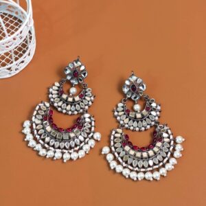 Silver-Plated & Pink Circular Drop Earrings