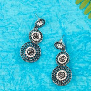 Oxidized Silver-Plated Studded Filigree Circular Drop Earrings