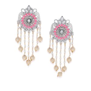 Silver-Plated & Pink Floral Handcrafted Drop Earrings