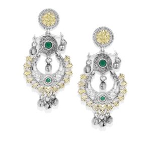 Silver-Plated & Green Crescent Shaped Drop Earrings