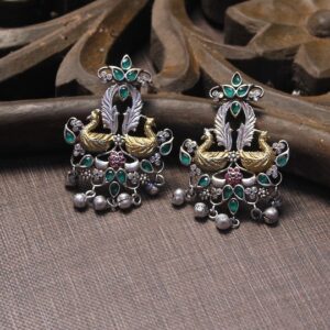 Silver-Plated Green Peacock Shaped Drop Earrings