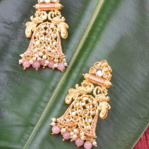 Peach-Coloured Gold-Plated Lightweight Enamelled Kundan Classic Drop Earrings
