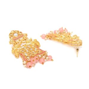 Peach-Coloured Gold-Plated Lightweight Enamelled Kundan Classic Drop Earrings