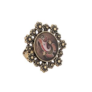 Gold Plated Antique Floral Finger Ring with Ganesha Print for Women