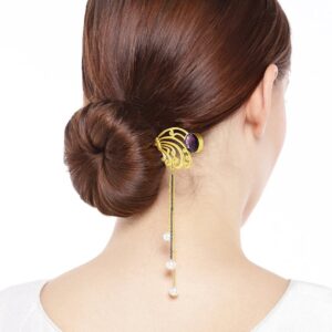 Matt Gold Finish Hair Stick Embellished with Pearls and Purple Stone for Women