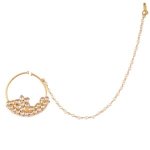 Traditional Jadau Kundan and Pearl Nose Ring with Pearl Chain for Women