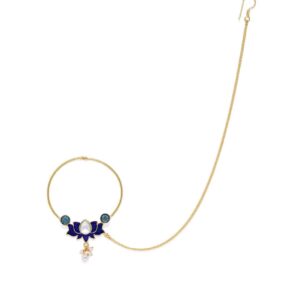 Gold Plated Lotus Shaped Blue Enamel Nose Ring with Chain for Women