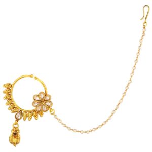 Gold Plated Studded Floral Design Nose Ring with Pearl Chain for Women