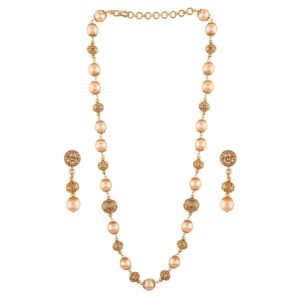 Ethnic Golden Filigree Beads and Pearls Embellished Long Necklace Set for Women