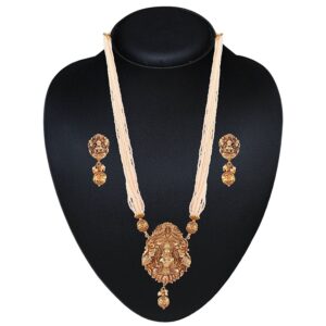 Antique Temple Inspired Lakshmi Mata Long Necklace Set with Pearls for Women