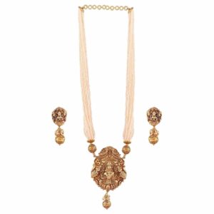Antique Temple Inspired Lakshmi Mata Long Necklace Set with Pearls for Women