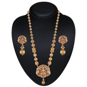 Antique Temple Inspired Long Necklace Set with Golden Filigree Beads for Women