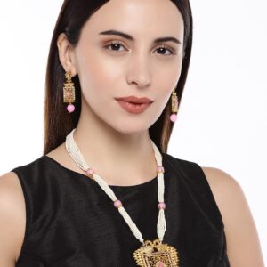 Traditional Long Pearl Necklace With Gold Plated Filigree Peacock Pendant for Women