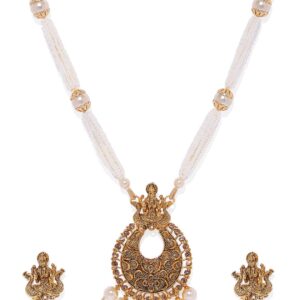 Traditional Gold Finish Lakshmi Mata Pendant Long Pearl Necklace Set for Women