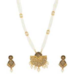 Traditional Long Filigree Pendant Pearl Necklace Set for Women