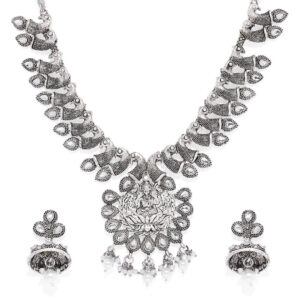 Temple Inspired Silver Plated Oxidised Necklace Set for Women