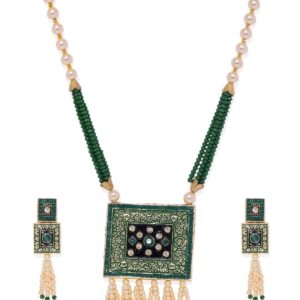 Gold Plated Kundan Green Meenakari Necklace Set with Beads and Pearls For Women