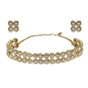 Antique Delicate Gold Plated Studded Carved Choker Set for Women