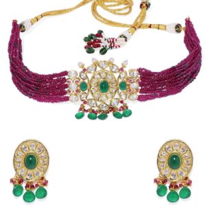 Traditional Ruby Beads Emerald Kundan Choker Set for Women