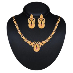 Delicate Matt Gold Plated American Diamond Ruby Studded Necklace Set for Women