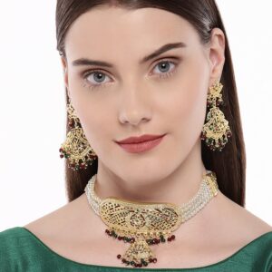 Traditional Gold Plated Jadau Pearl Choker Necklace Set for Women