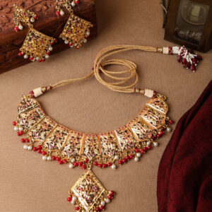 Ethnic Gold Plated Jadau Necklace Set with Earrings for Women