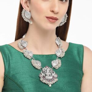 Silvery Plated Antique Pearl Guttapusalu Temple Lakshmi Necklace Set with Earrings for Women