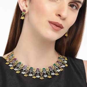 Dual Toned Oxidised Silver and Gold Plated Peacock and Flower Motif Necklace set for Women