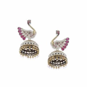 Two tone German silver Swan Jhumki earrings with Ruby stones