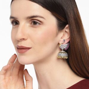 Two tone German silver Swan Jhumki earrings with Ruby stones