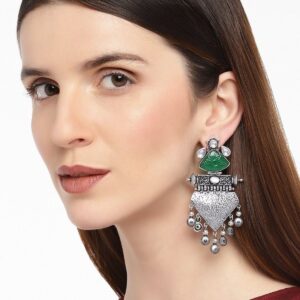 German silver earrings with Carved emrald stone
