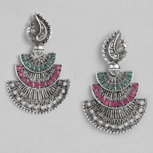 AccessHer Oxidized Silver-Plated Studded Filigree Drop Earrings