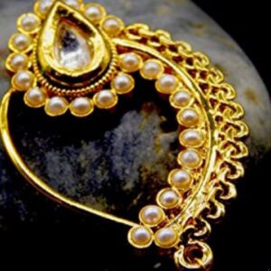 Gold-Plated Stone Studded & Pearls Beaded Tilak Shaped Nosepin