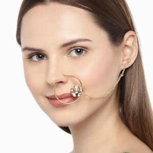 Gold-Plated Handcrafted Kundan Stone-Studded Chained Nose Ring