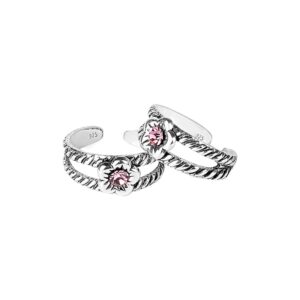 AccessHer Sterling Silver Floral Pink oxidized Toe rings