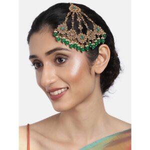 Accessher Antique Gold and Green Jhoomar Passa with Dangling Pearls for Women and Girls Pack of 1