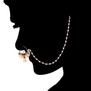 ACCESSHER Copper Jadau Kundan and Pearl Nose Ring/Nath with Chain for Women (White)