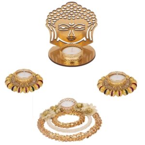 AccessHer Diwali Decor 1 Metal Buddha Shadow Tealight Candle Holder, Set of 2 Pearl Telight Candle Holders, 1 Table Centerpiece Decoration-D20BP2T1_2