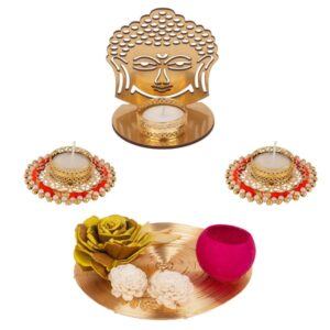 AccessHer Diwali Decor 1 Metal Buddha Shadow Tealight Candle Holder, Set of 2 Pearl Telight Candle Holders, 1 Table Centerpiece Decoration-D20BP3T3_2