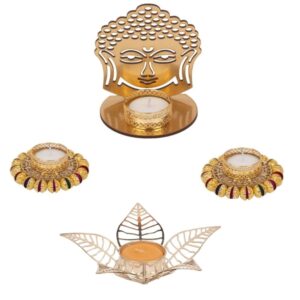 AccessHer Diwali Decor 1 Metal Buddha Shadow Tealight Candle Holder, Set of 2 Pearl Telight Candle Holders, 1 Table Centerpiece Decoration-D20BP5T1_2