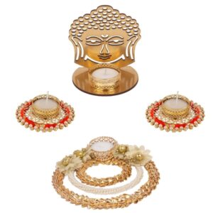AccessHer Diwali Decor 1 Metal Buddha Shadow Tealight Candle Holder, Set of 2 Pearl Telight Candle Holders, 1 Table Centerpiece Decoration-D20BP2T3_2
