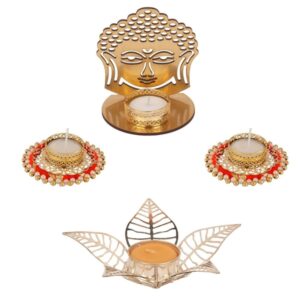 AccessHer Diwali Decor 1 Metal Buddha Shadow Tealight Candle Holder, Set of 2 Pearl Telight Candle Holders, 1 Table Centerpiece Decoration-D20BP5T3_2