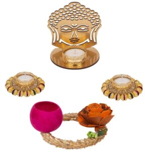 AccessHer Diwali Decor 1 Metal Buddha Shadow Tealight Candle Holder, Set of 2 Pearl Telight Candle Holders, 1 Table Centerpiece Decoration-D20BP6T1_2