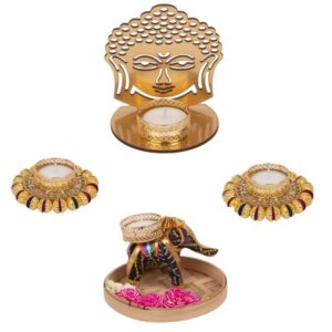AccessHer Diwali Decor 1 Metal Buddha Shadow Tealight Candle Holder, Set of 2 Pearl Telight Candle Holders, 1 Table Centerpiece Decoration-D20BP4T1_2